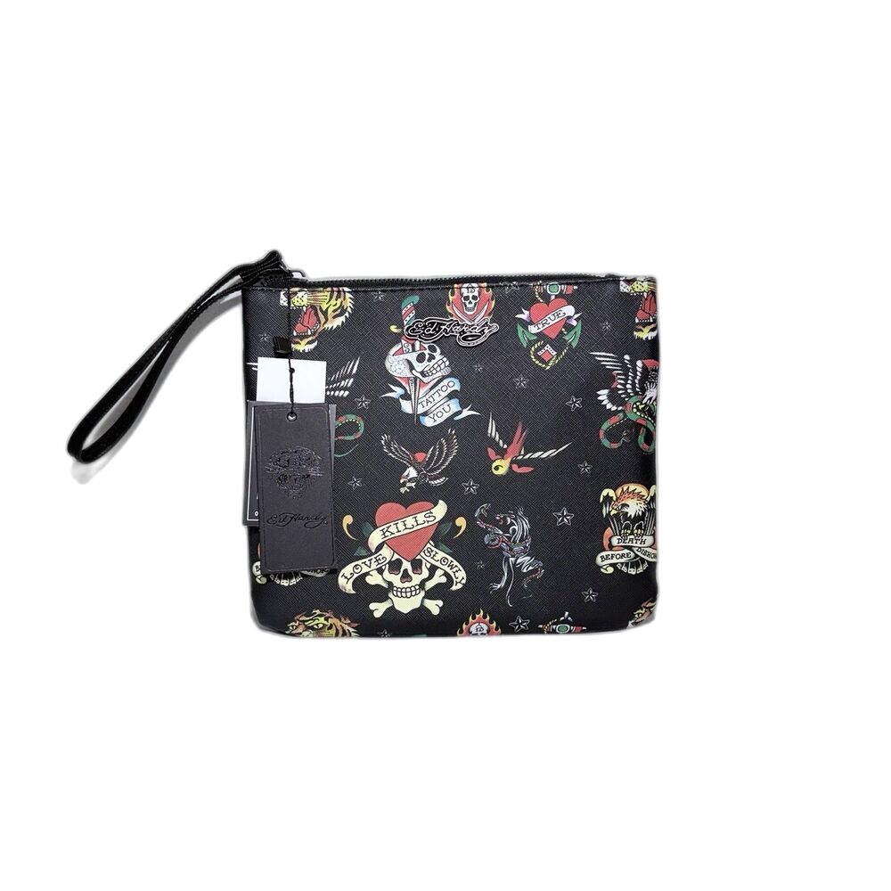 NWT Ed Hardy Cosmetic Makeup Wristlet Bag Black Love Kills Slowly Tattoo Print